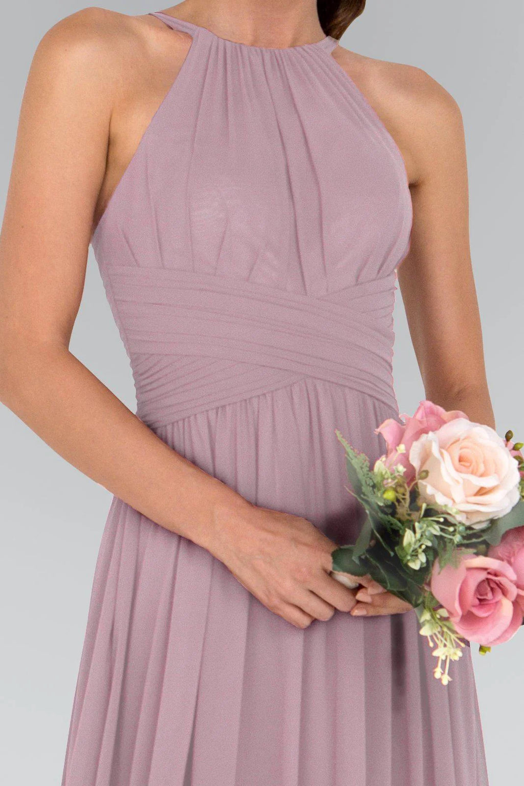 Dusty Rose Chiffon A-Line Floor-Length Dress with Pleated Halter Neckline