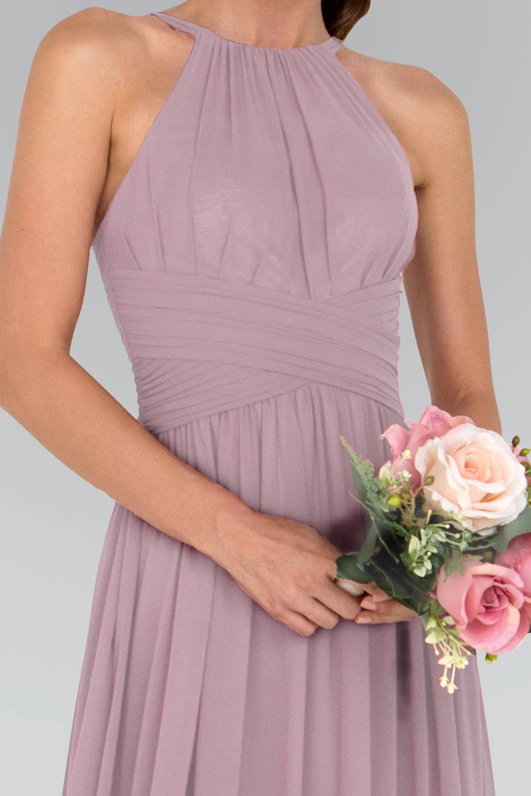 Dusty Rose Chiffon A-Line Floor-Length Dress with Pleated Halter Neckline