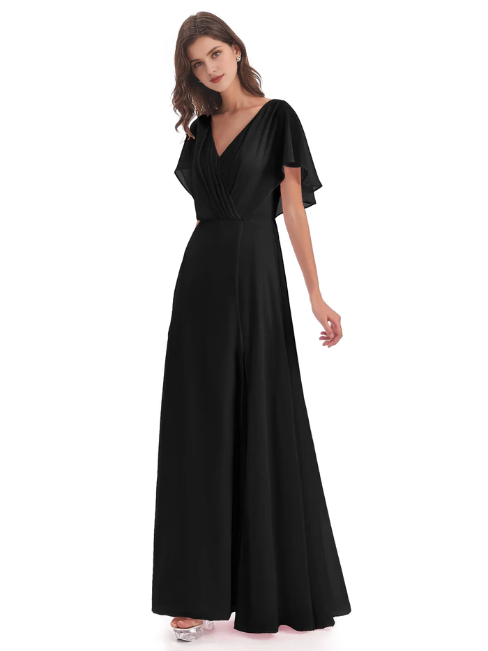Burgundy Chiffon A-Line V-Neck Floor-Length Bridesmaid Dress with Pleated Bodice and Flutter Sleeves