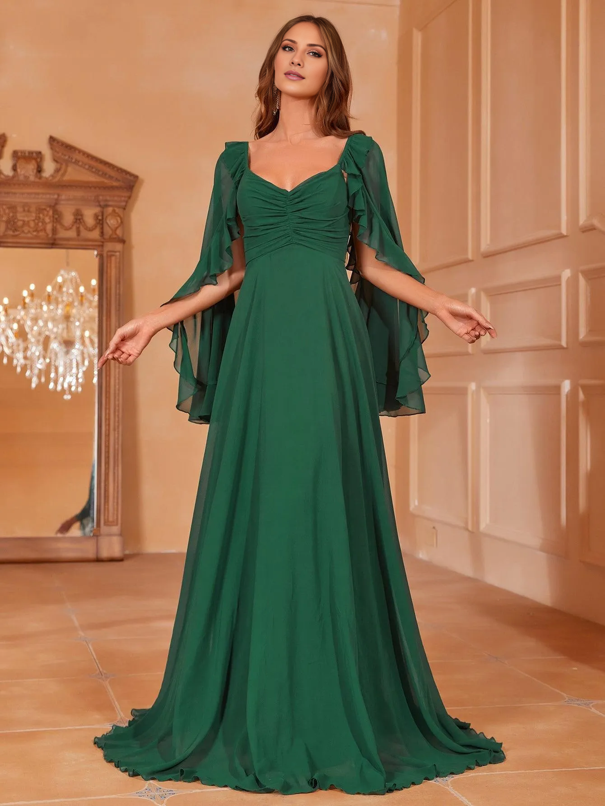Forest Green Chiffon V-Neck A-Line Gown with Ruffled Bell Sleeves