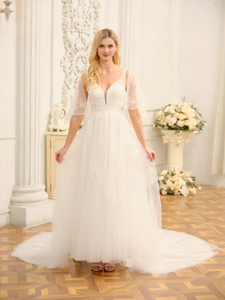 Abito da sposa lungo ricamato a maniche corte con scollo a V e stile principessa, a trapezio
