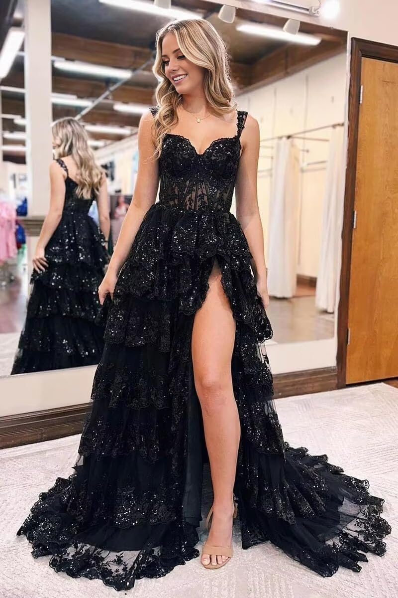 Vestido de fiesta largo con hombros descubiertos de Jimiss combinado con un elegante vestido de fiesta formal transparente en capas con lentejuelas brillantes.