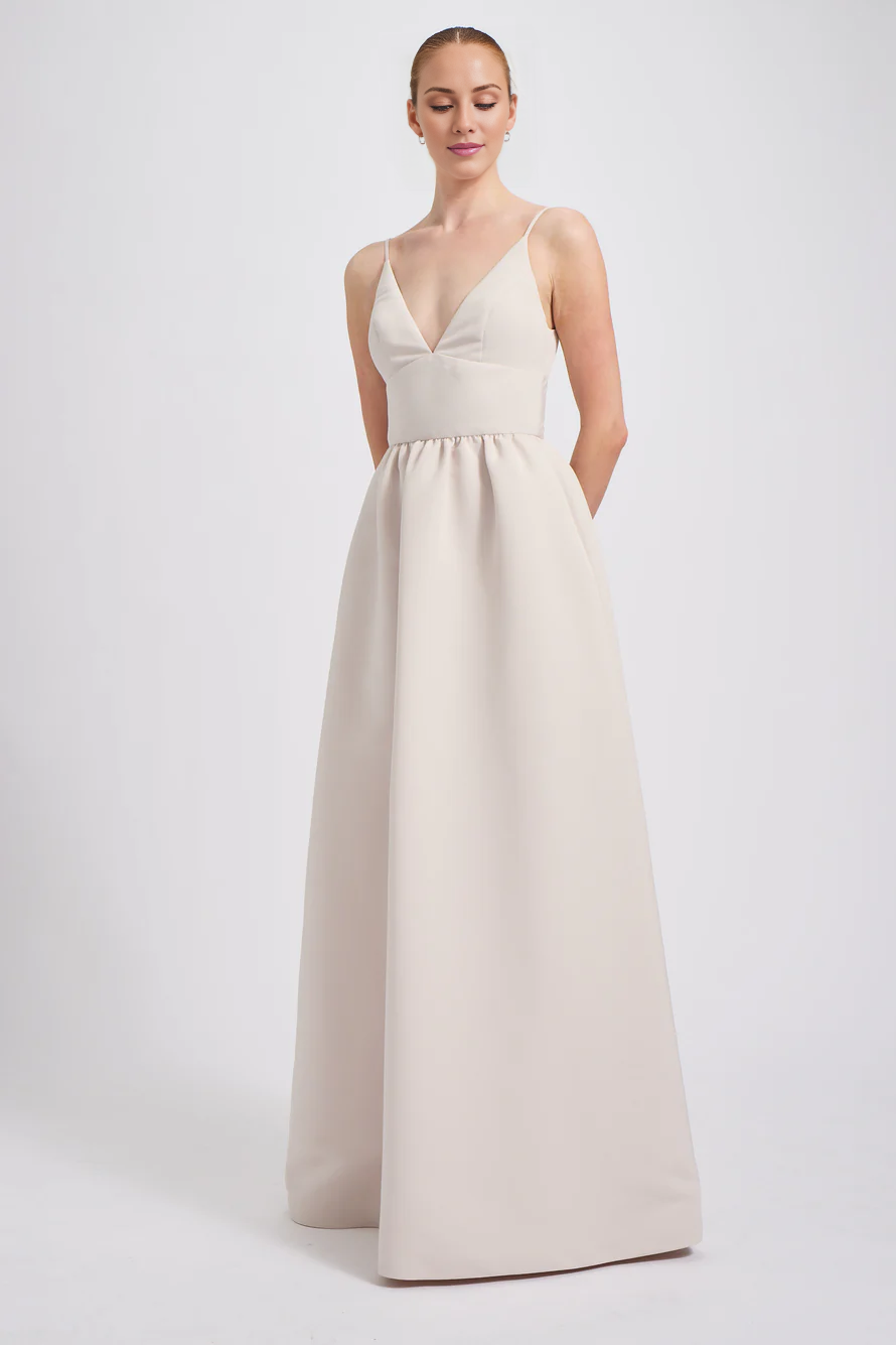 Vestido de fiesta Jimiss con escote en V, hombros descubiertos, sin mangas, tirantes finos, espalda descubierta y largo hasta el suelo