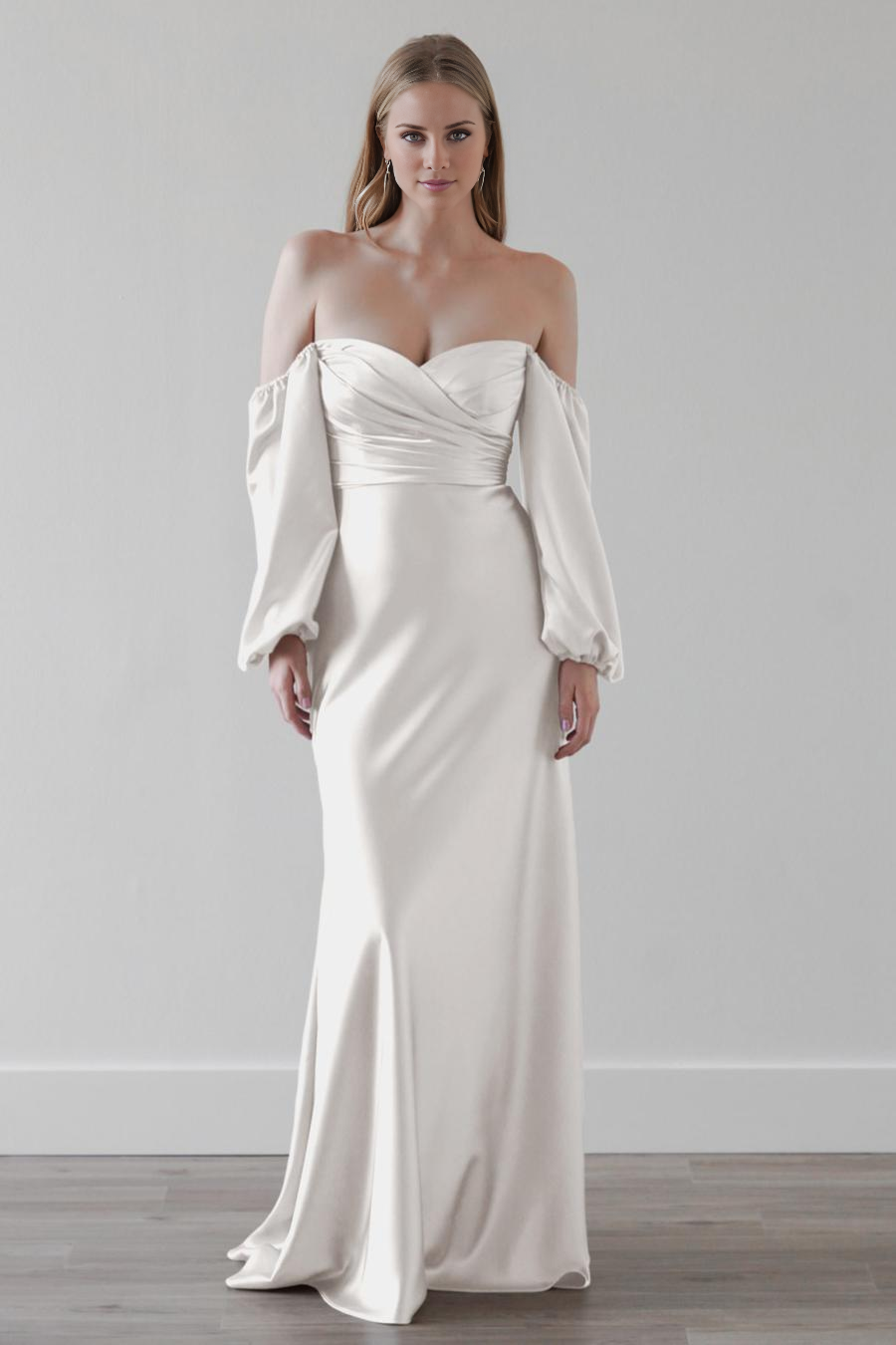 Vestido de noche Jimiss con hombros descubiertos, sin tirantes, de manga larga, sin espalda y largo hasta el suelo