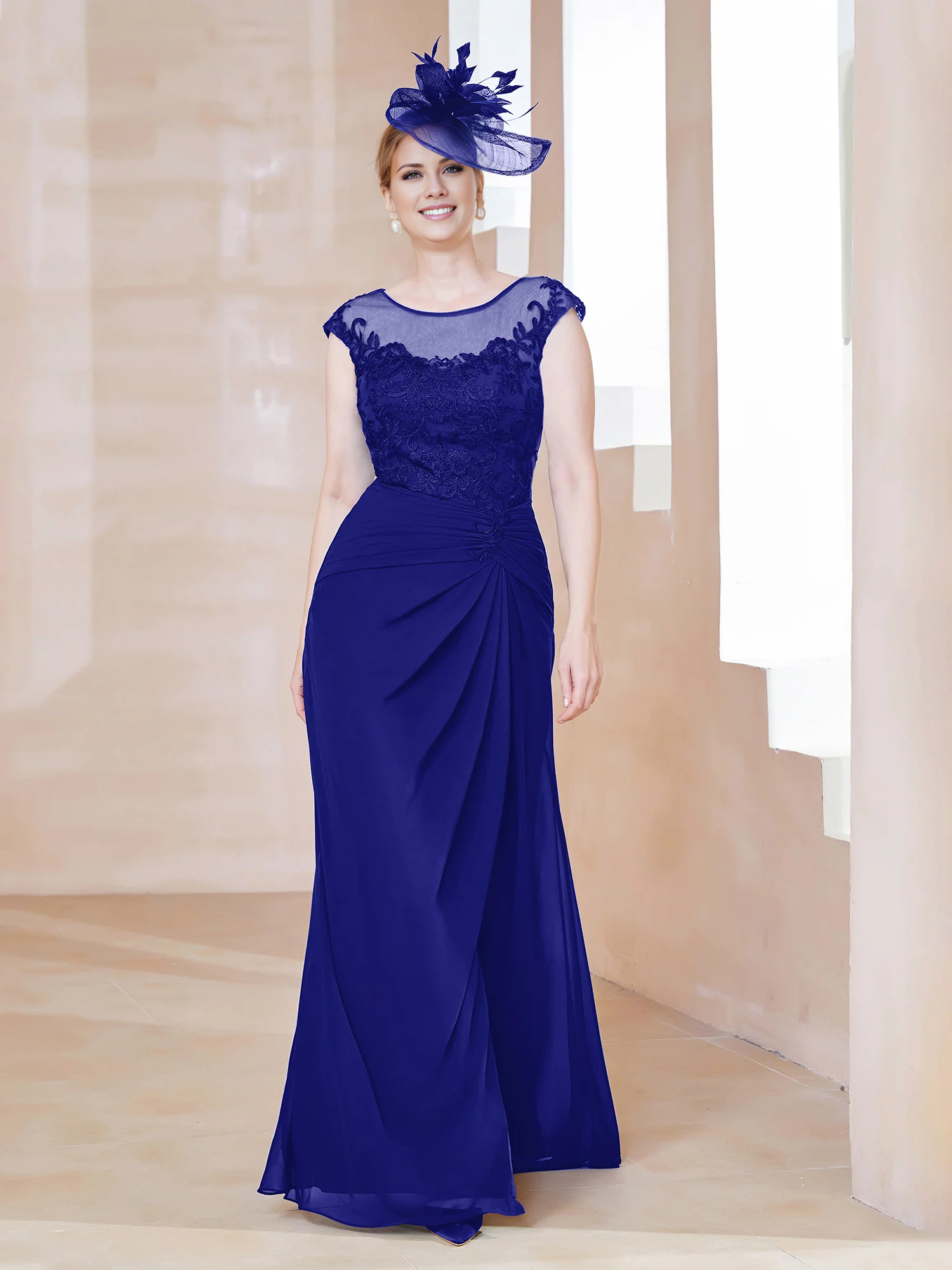 Dark Navy Chiffon A-Line Floor-Length Evening Dress with Illusion Neck and Draped Front