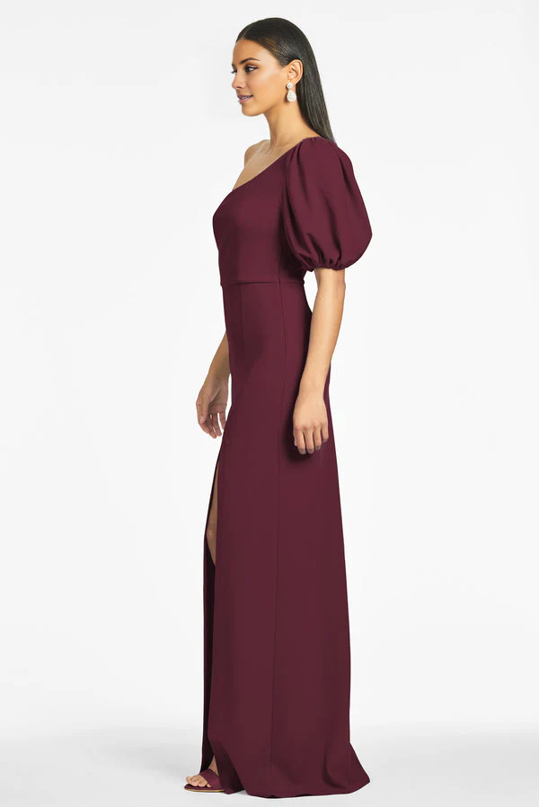 Vestido de noche Jimiss con cuello asimétrico, hombros descubiertos, manga corta, abertura lateral en la espalda y largo hasta el suelo