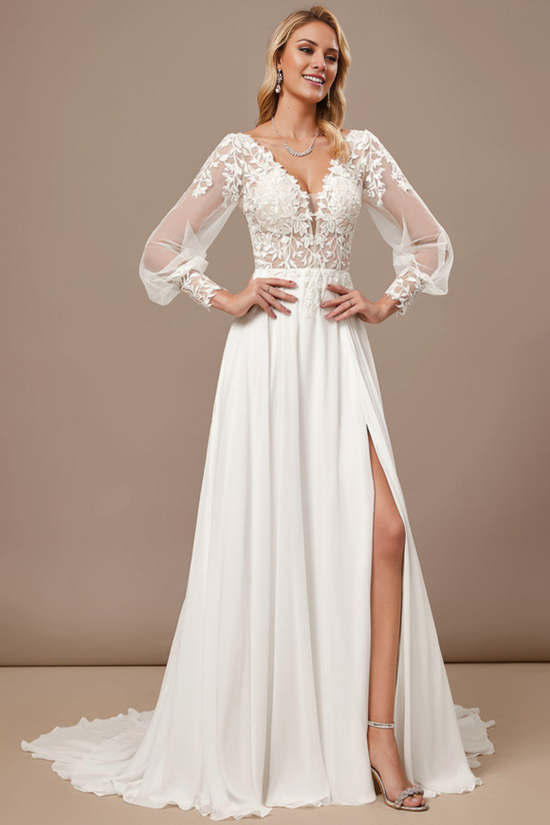 Ivory Lace A-Line V-Neck Floor-Length Bridesmaid Dress with Puffed Sleeves