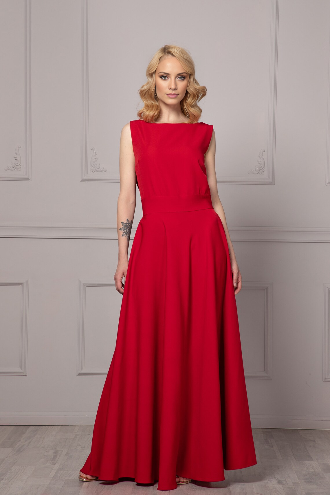 Jimiss - Vestido de fiesta sin mangas, espalda descubierta, cuello barco y largo hasta el suelo 