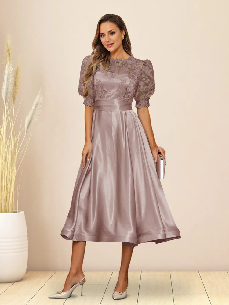Green Satin Lace Bodice Puff Sleeve A-Line Tea-Length Evening Dress