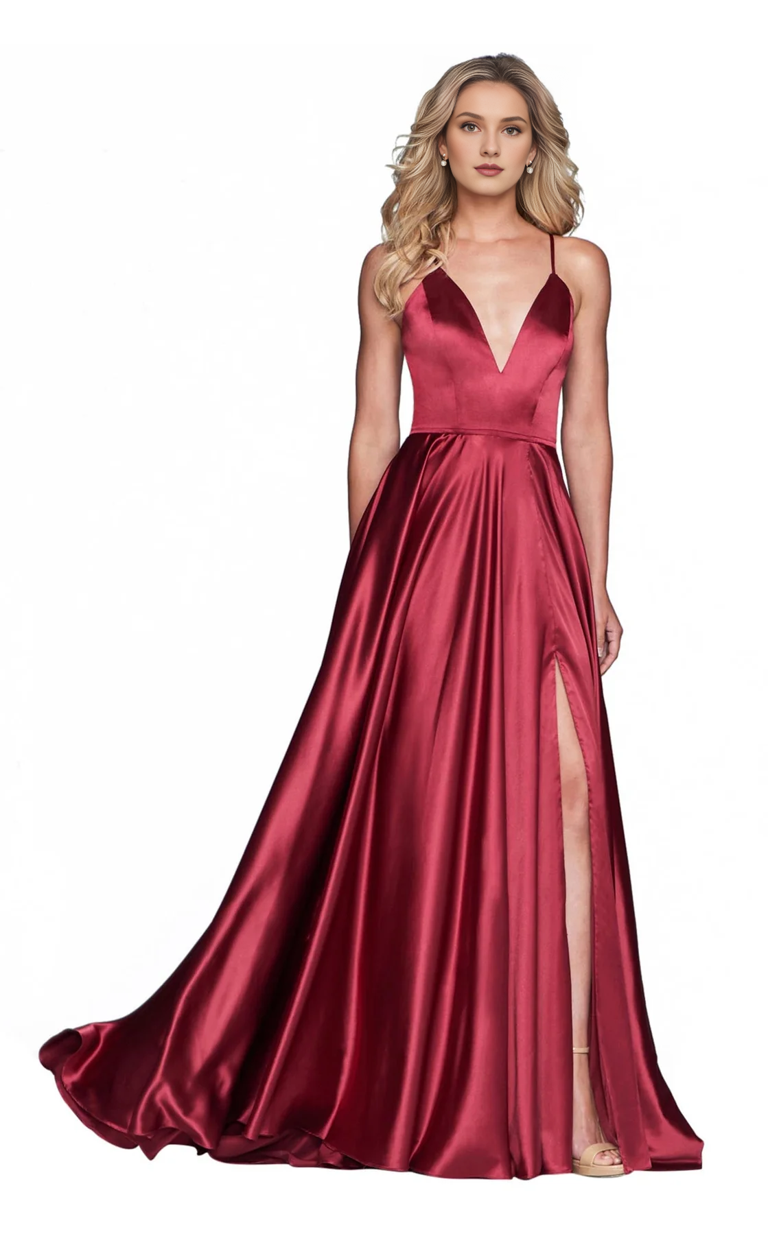 Vestido de noche ajustado sin mangas con escote en V profundo, abertura lateral y largo hasta el suelo
