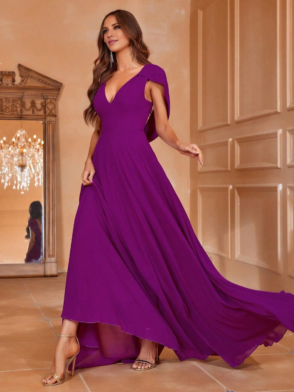 Plum Chiffon A-Line Floor-Length Bridesmaid Dress with Cape-like Sleeves