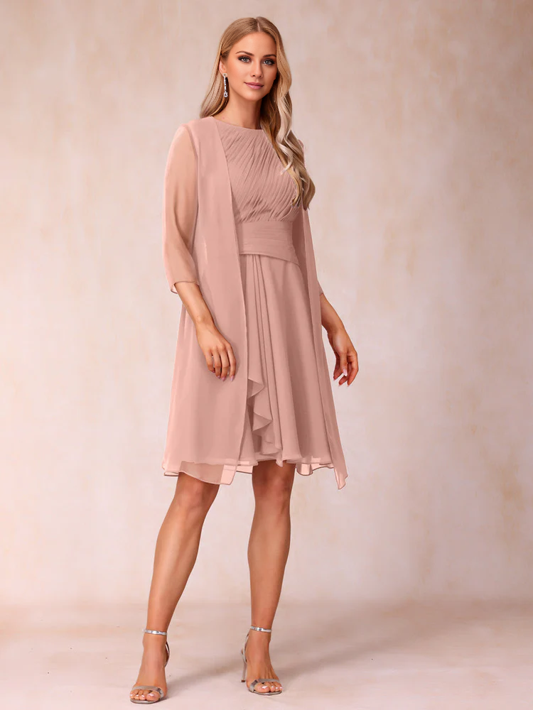 Burgundy Chiffon A-Line Knee-Length Evening Dress with Boat Neck & Matching Jacket