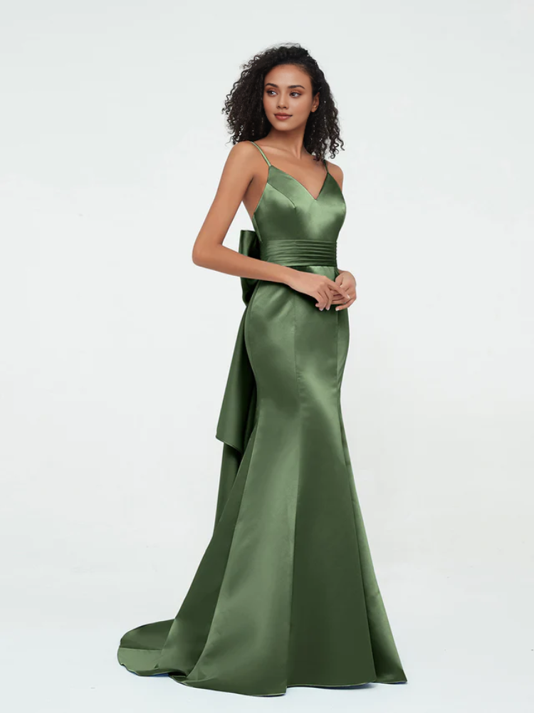 Olive Green Satin Mermaid Floor-Length Bridesmaid Dress with V-Neck & Bow