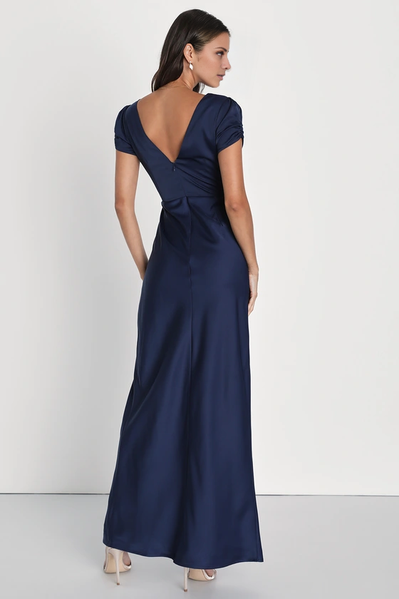 Vestido de noche Jimiss con escote en V, manga corta, espalda descubierta, abertura lateral y largo hasta el suelo