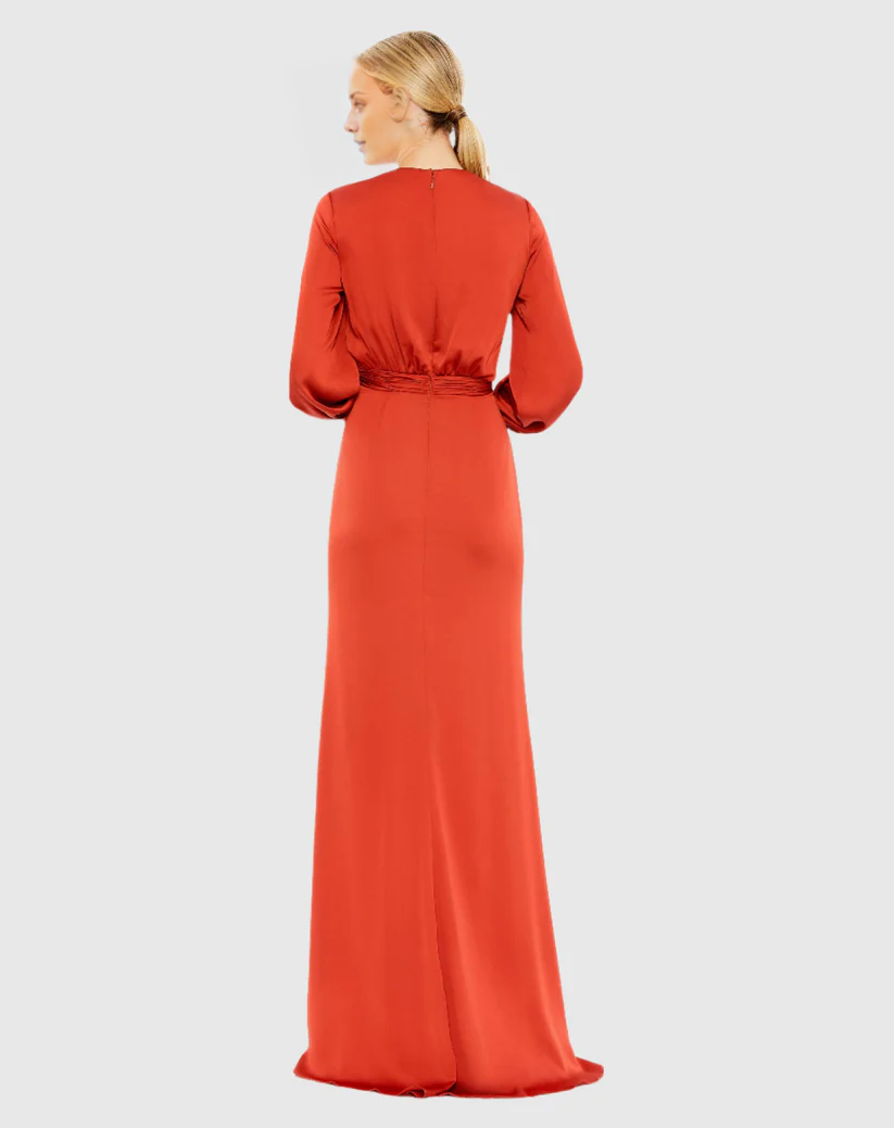 Vestido de noche largo hasta el suelo con escote en V, manga larga y abertura lateral