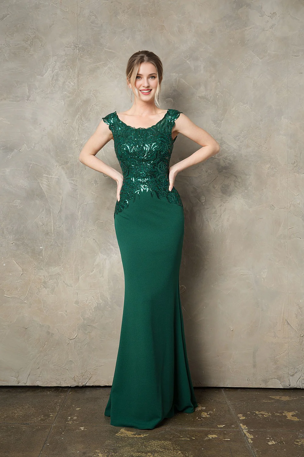 Emerald Sequin Bodice Mermaid Floor-Length Evening Gown