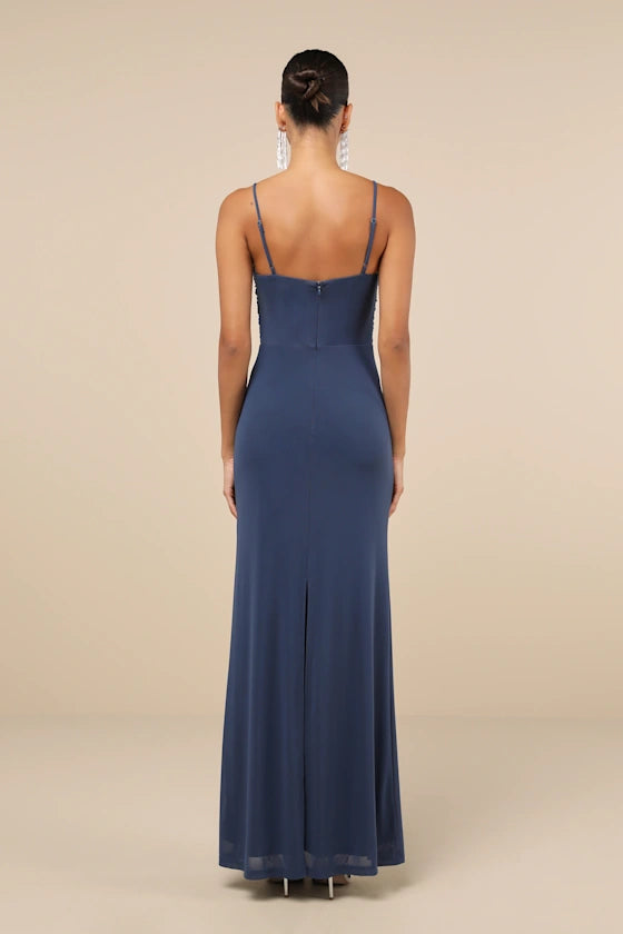 Vestido de noche Jimiss con escote en V, hombros descubiertos, sin mangas, tirantes finos, sin espalda y largo hasta el suelo