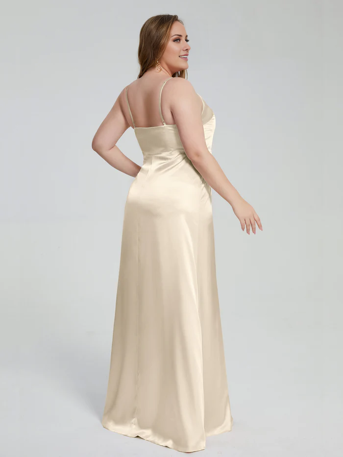 Champagne Satin A-Line Floor-Length Bridesmaid Dress with Sweetheart Neckline and High Slit
