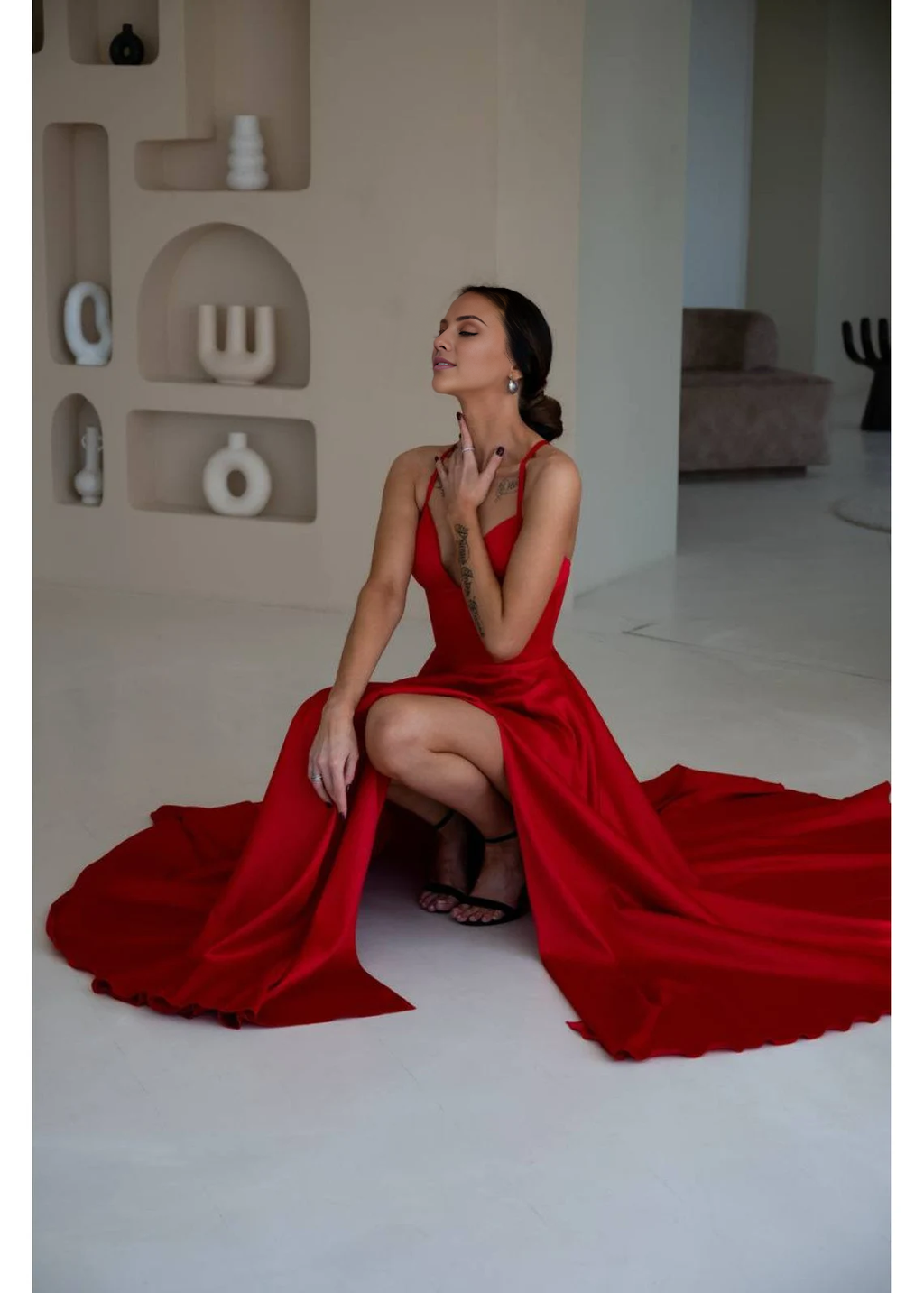 Red Satin A-Line Floor-Length Evening Dress with Plunging V-Neck