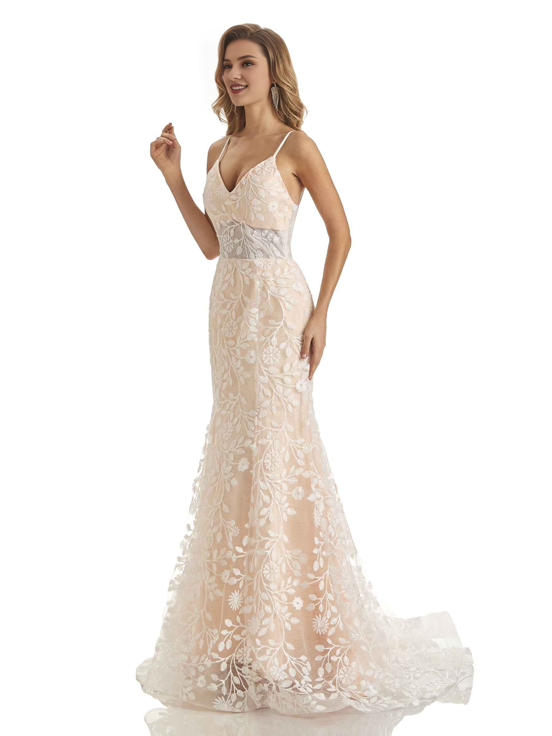 Vestido de novia largo con escote en V y tirantes finos con calcomanía de cola de pez de encaje