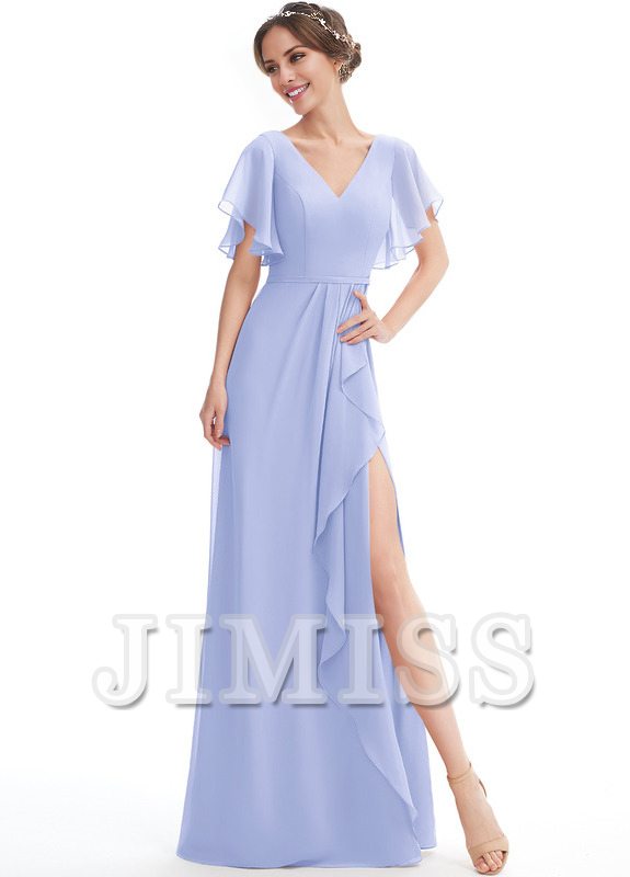 Vestido de dama de honor de gasa con volantes, escote en V y largo hasta el suelo