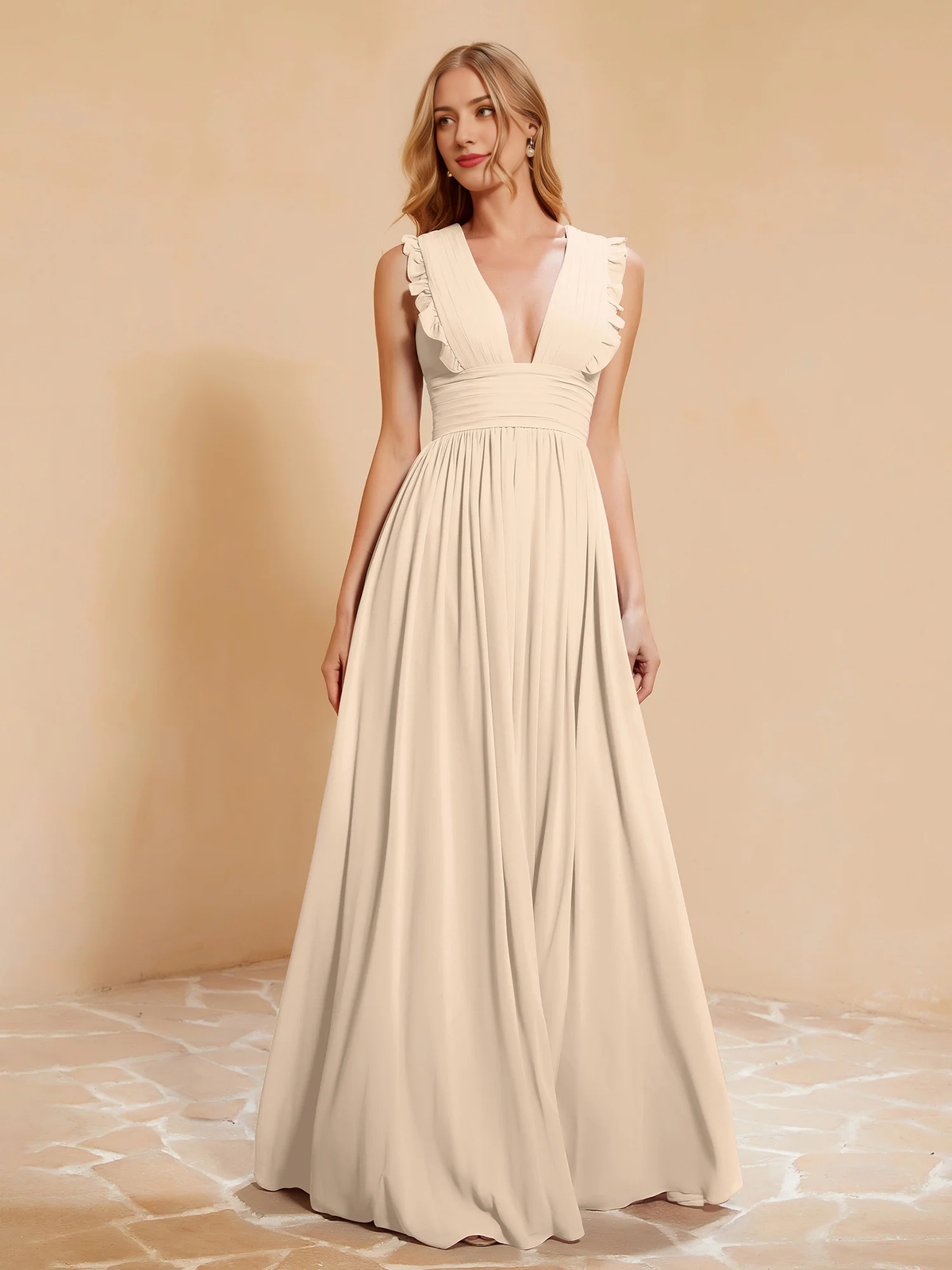 Dusty Rose Chiffon A-Line Floor-Length Dress with V-Neck and Ruched Bodice + Ruffled Straps
