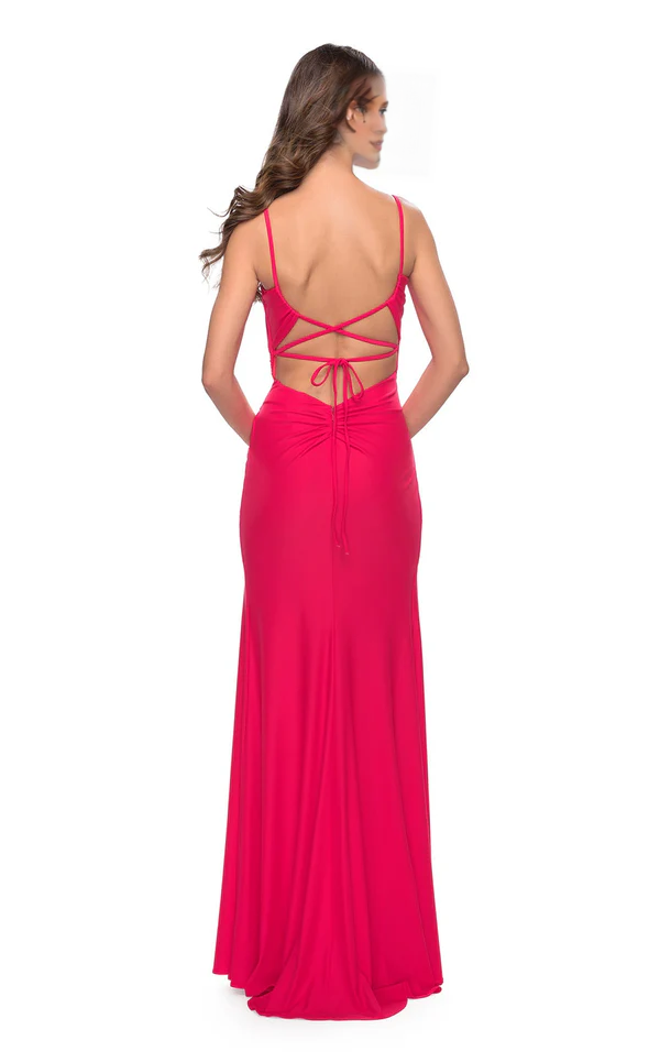 Square neckline sleeveless tight corset with side slits and floor length evening dress