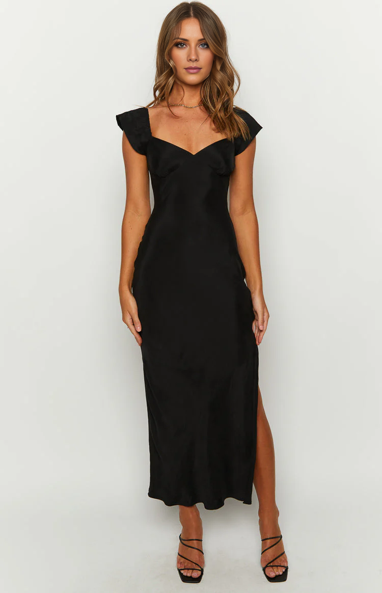 Black Crepe Sweetheart Sheath/Column Midi Dress with Ruffled Straps