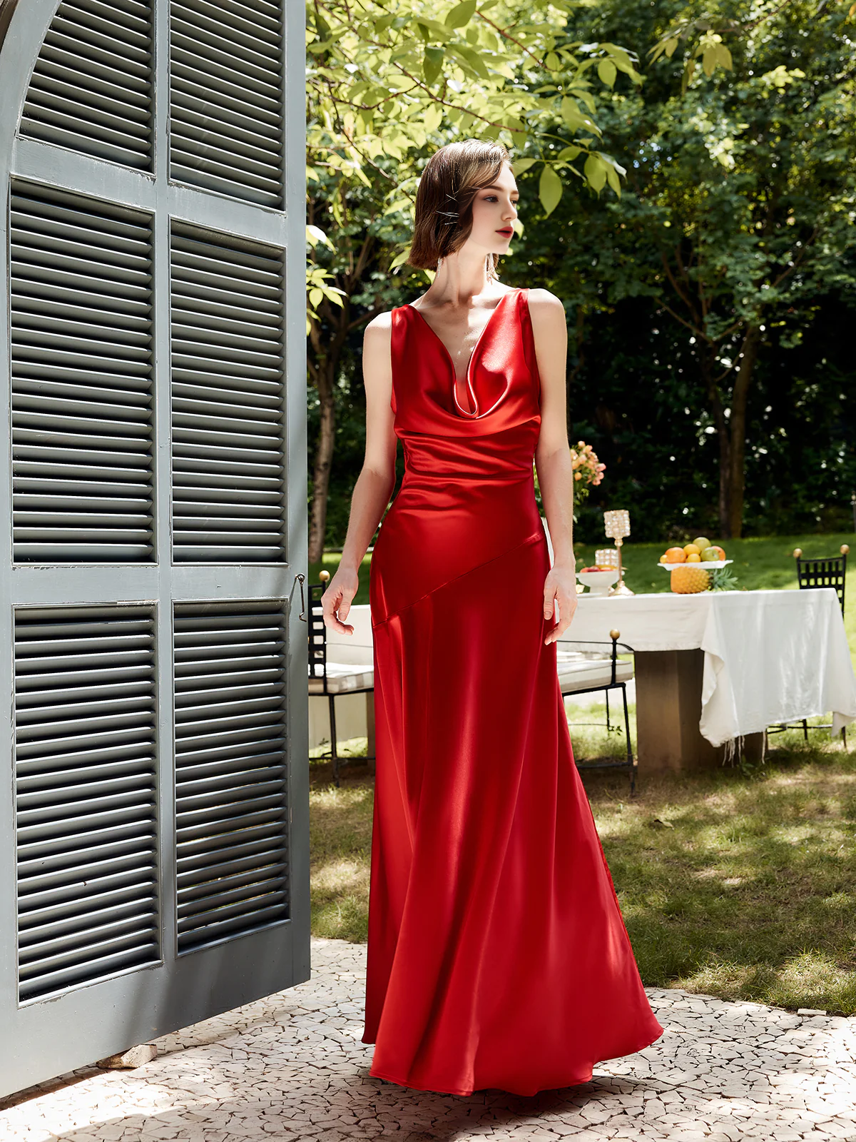 Red Satin A-Line Floor-Length Gown | Cowl Neck Open Back
