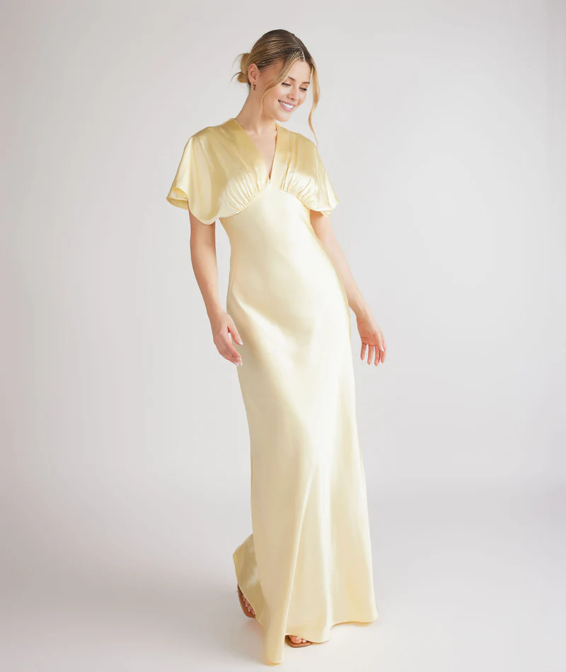 Vestido de fiesta Jimiss de satén con mangas murciélago, cuello en V y largo hasta el suelo