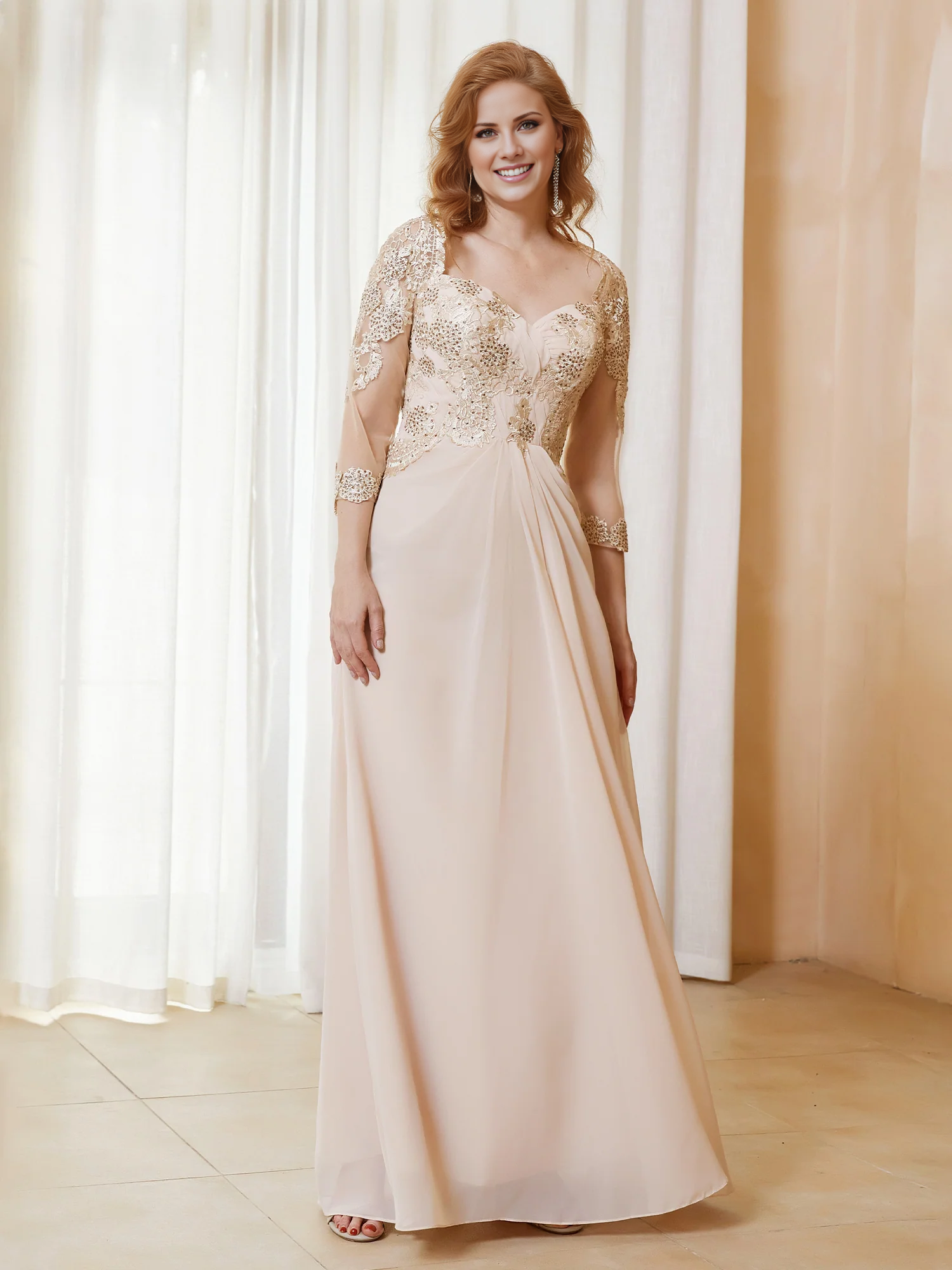 Blushing Pink Chiffon A-Line Floor-Length Gown with Illusion Neck & Beaded Lace Bodice