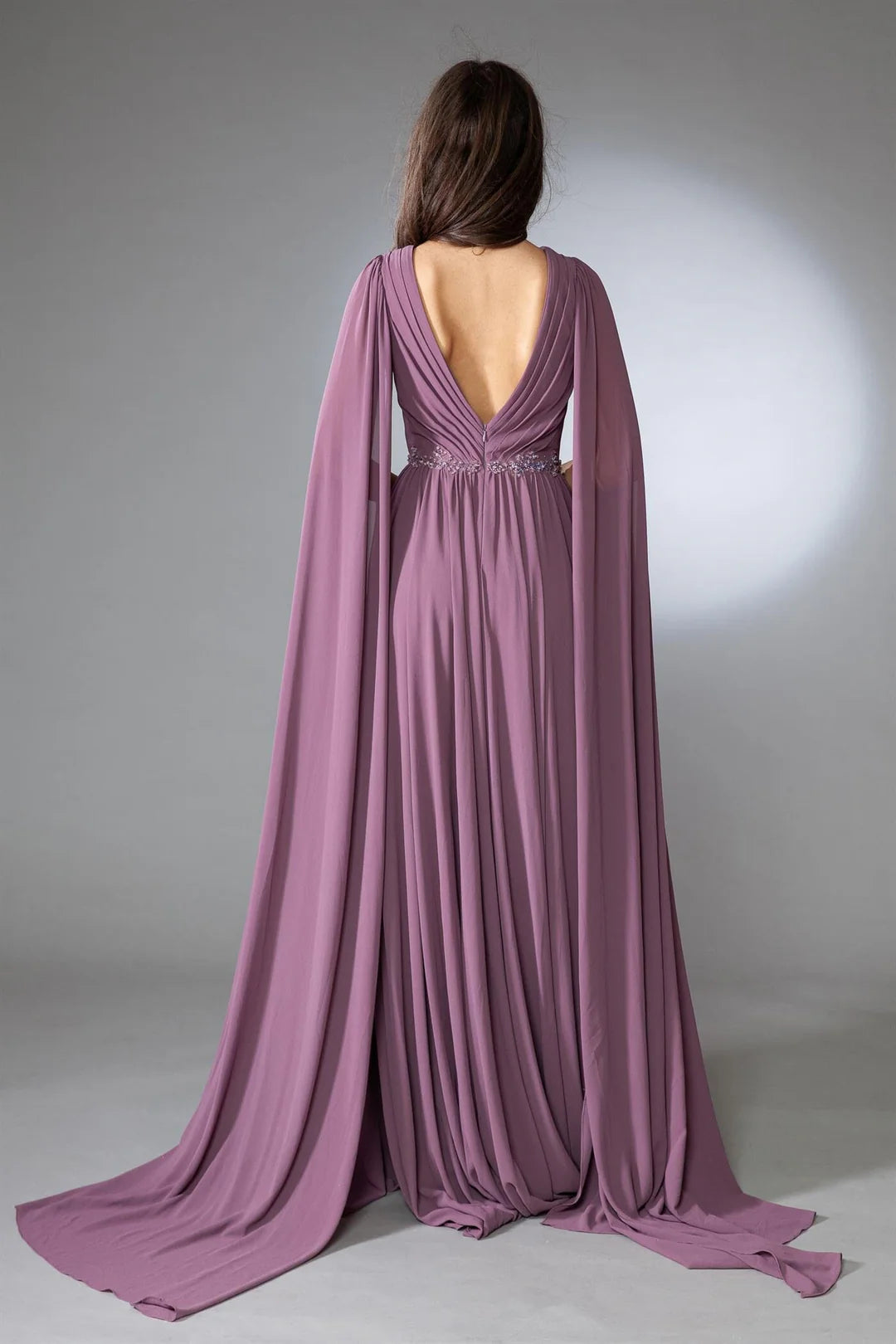 Long shawl sleeve V-neck chiffon dress paired with A-line skirt