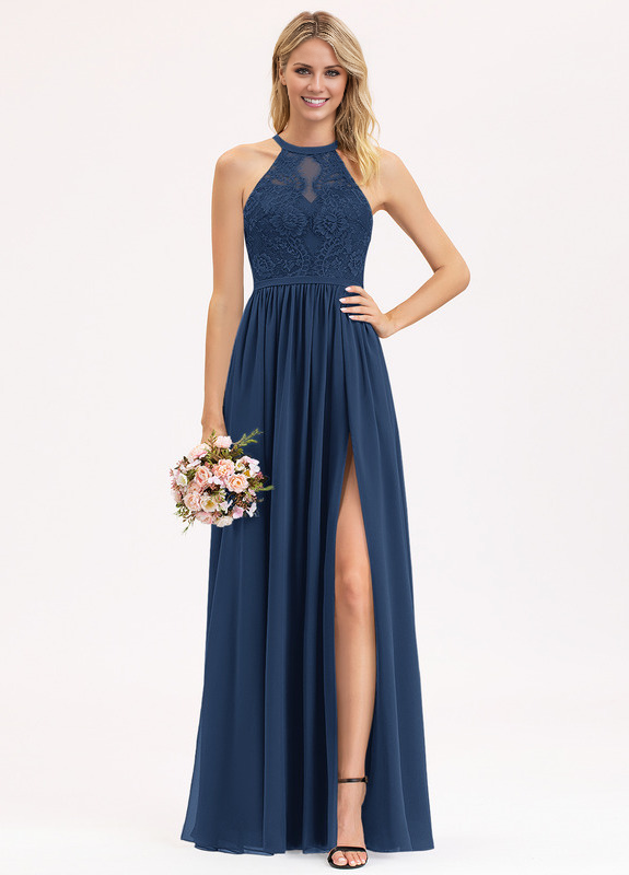 A-line Scoop Neck Floor Length Lace Chiffon Bridesmaids Dress