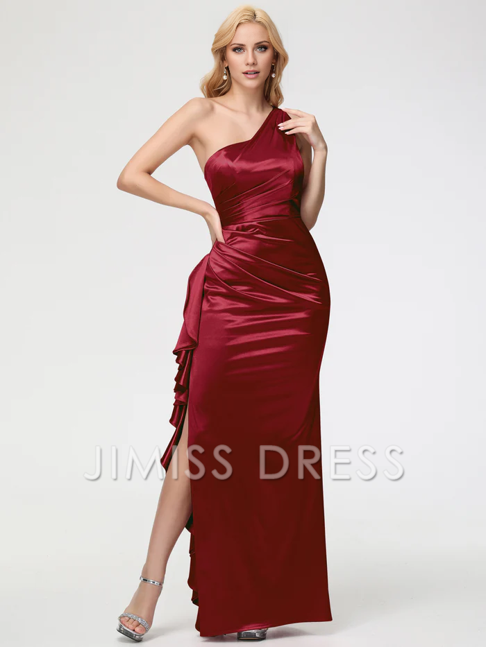 Vestido de fiesta Jimiss de satén con volantes, plisado, sin mangas y un solo hombro, corte trompeta/sirena
