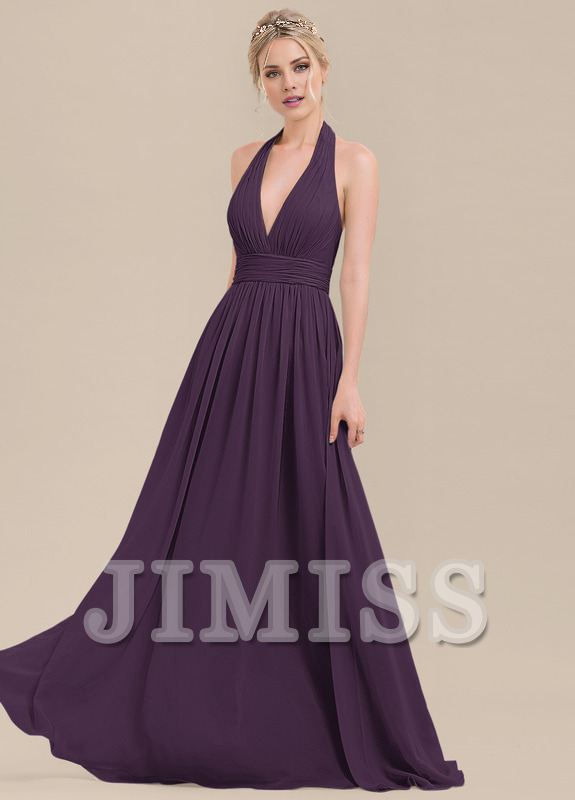 Vestido de dama de honor de gasa con volantes, corte A, cuello halter y largo hasta el suelo