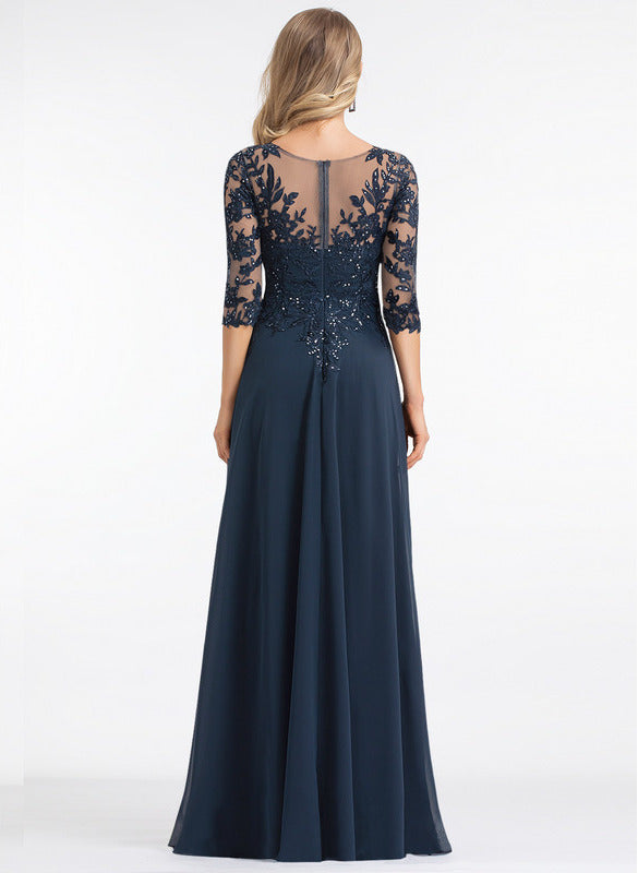 Dark Navy Lace & Chiffon A-Line Floor-Length Evening Dress with V-Neck and Sheer Sequin Sleeves