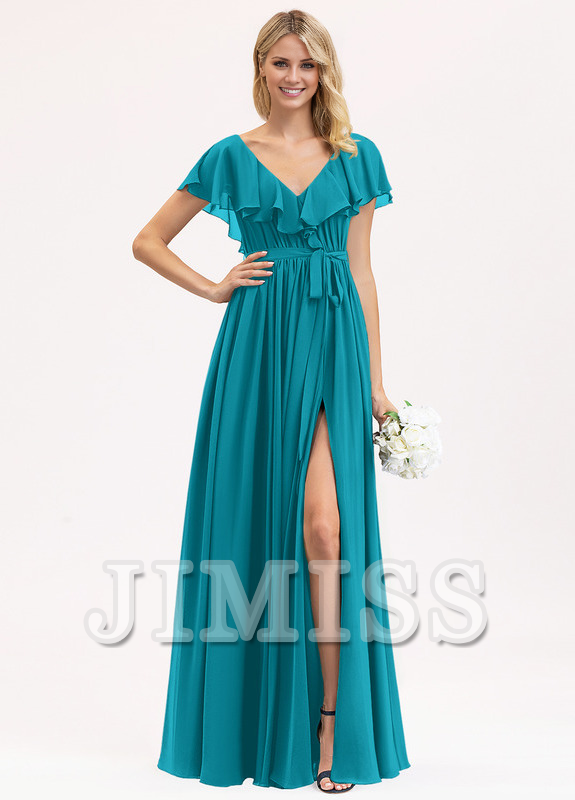Abito da damigella d'onore in chiffon con scollo a V, lunghezza al pavimento, balze a balze e fiocco