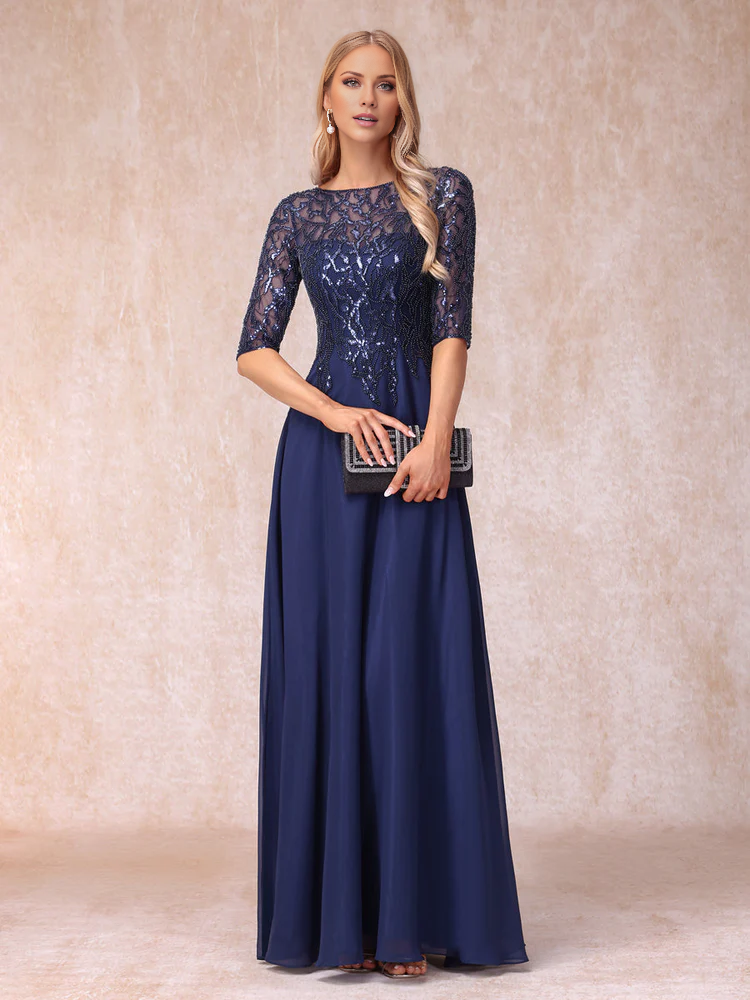 Dark Navy Sequin Bodice A-Line Chiffon Floor-Length Dress