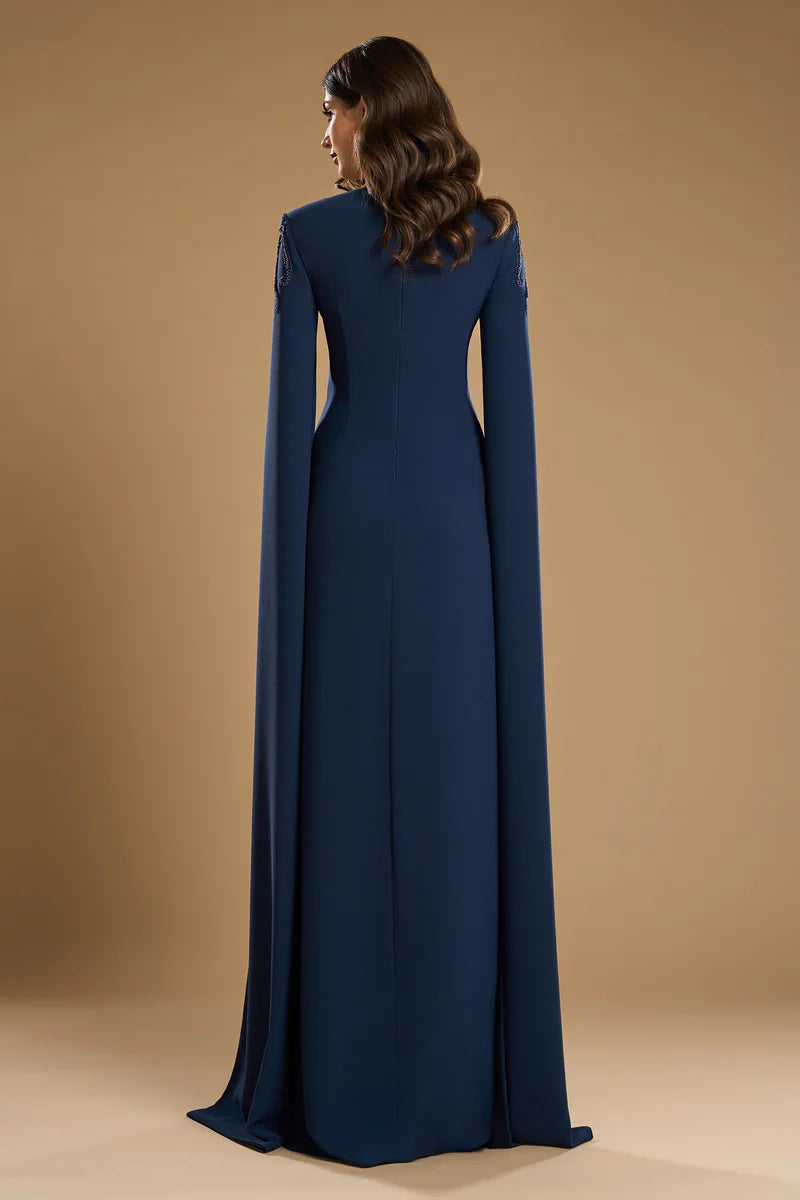 Dark Navy Crepe Sweetheart Sheath/Column Floor-Length Evening Dress with Cape Sleeves