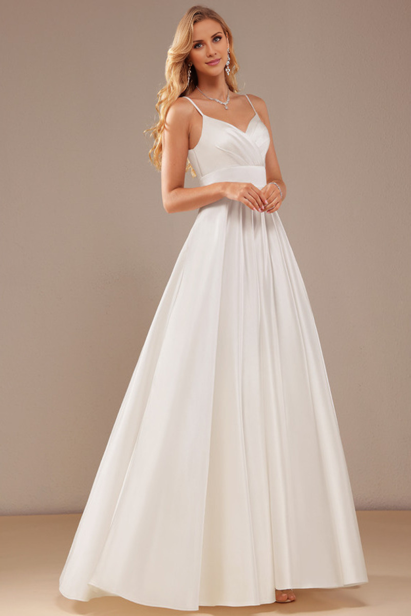 Ivory Satin V-Neck A-Line Floor-Length Bridesmaid Dress with Pockets