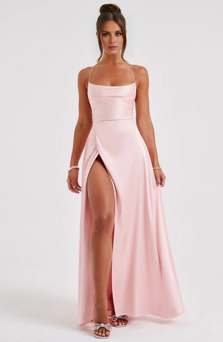 Vestido de fiesta Jimiss con escote cuadrado, hombros descubiertos, sin mangas, tirantes finos, espalda descubierta, abertura lateral y largo hasta el suelo