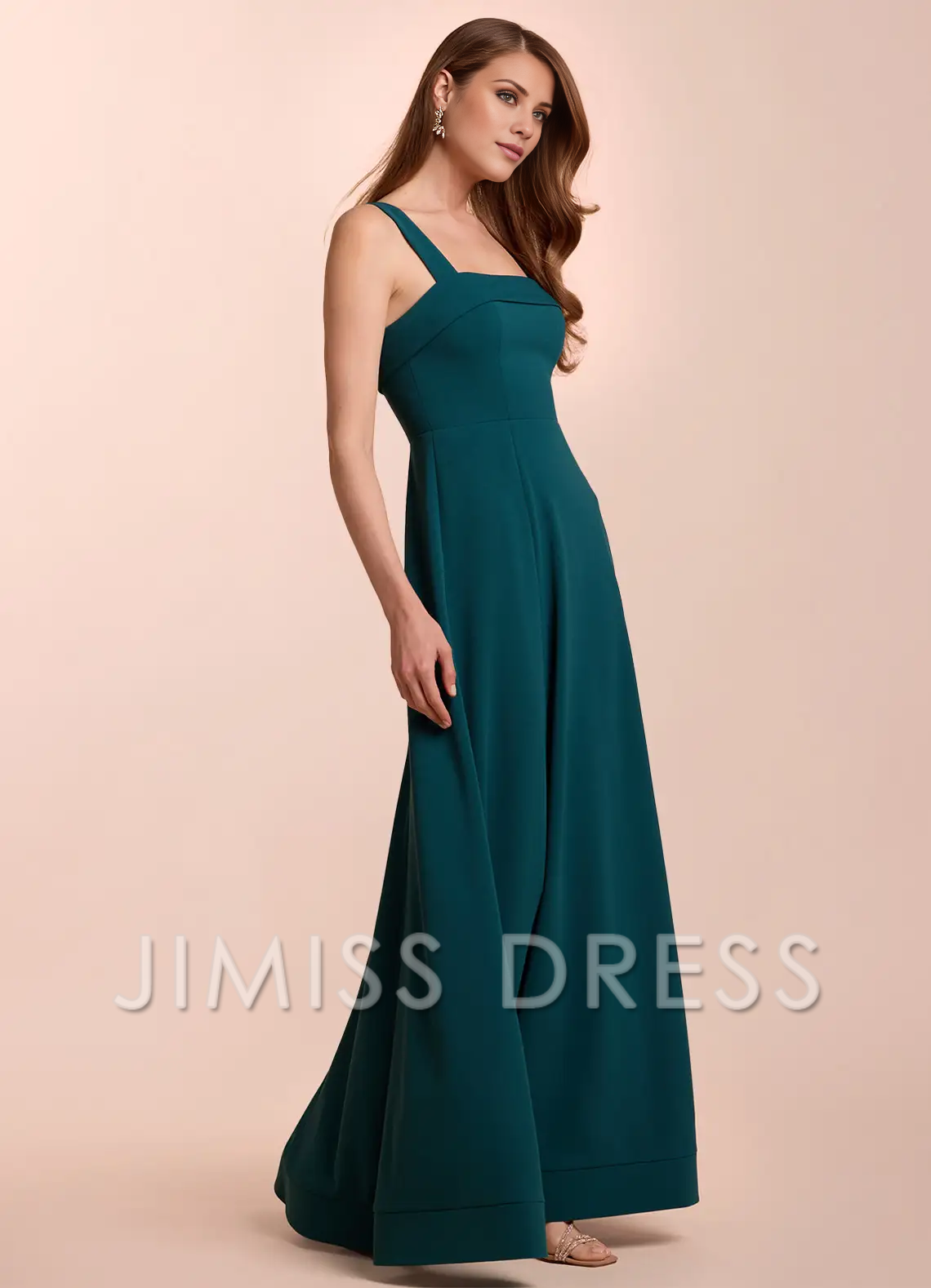 Vestido de fiesta Jimiss de corte A, escote recto, espalda descubierta y largo hasta el suelo 