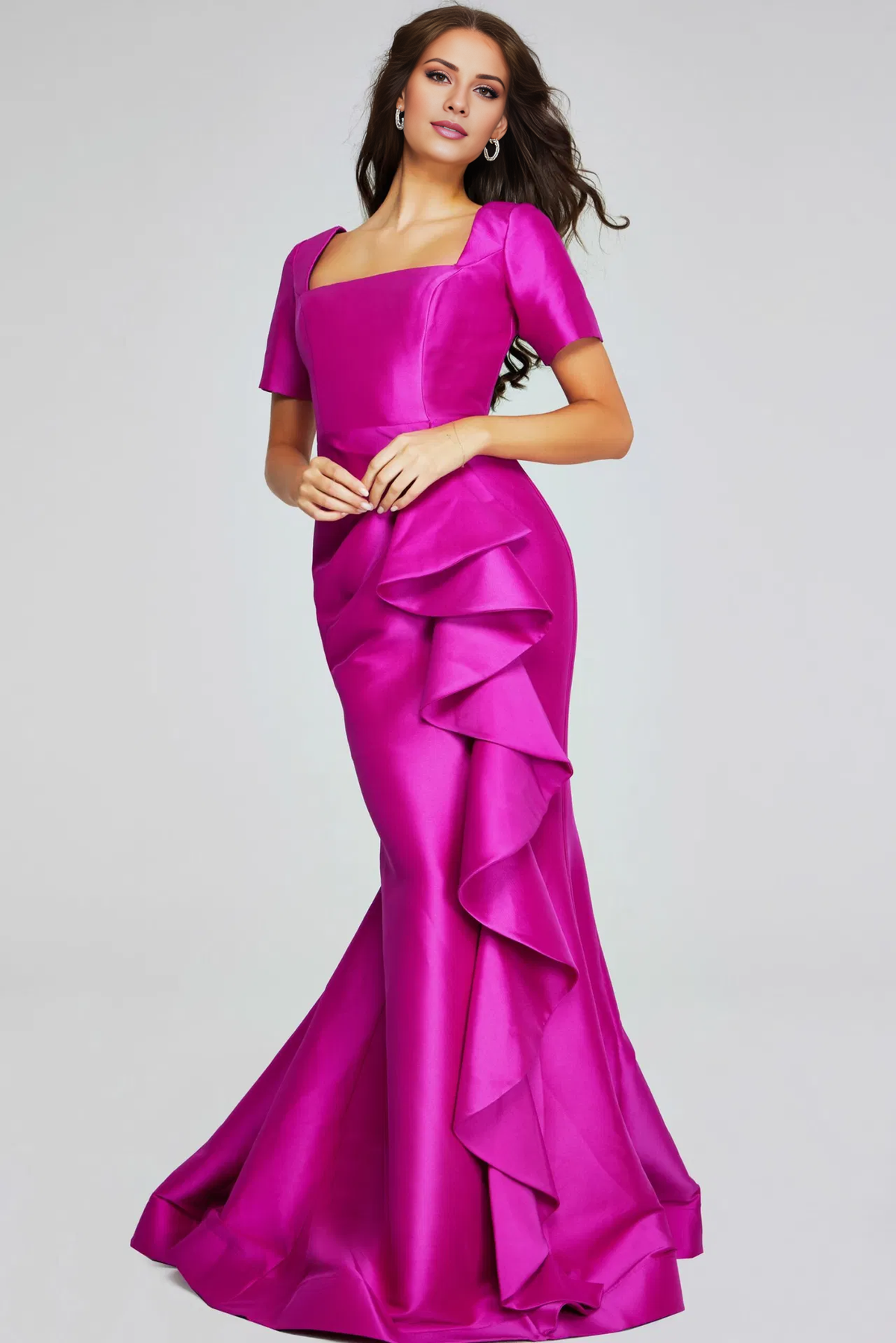 Mulberry Satin Mermaid Floor-Length Evening Dress with Square Neck & Cascading Ruffle