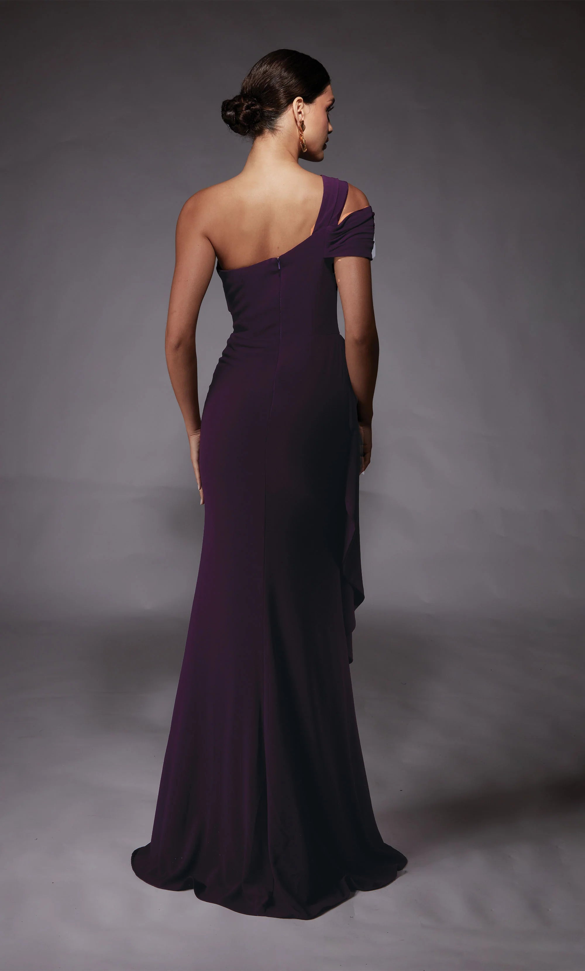 Mulberry Crepe Sheath One Shoulder Floor-Length Gown with Ruffle Skirt