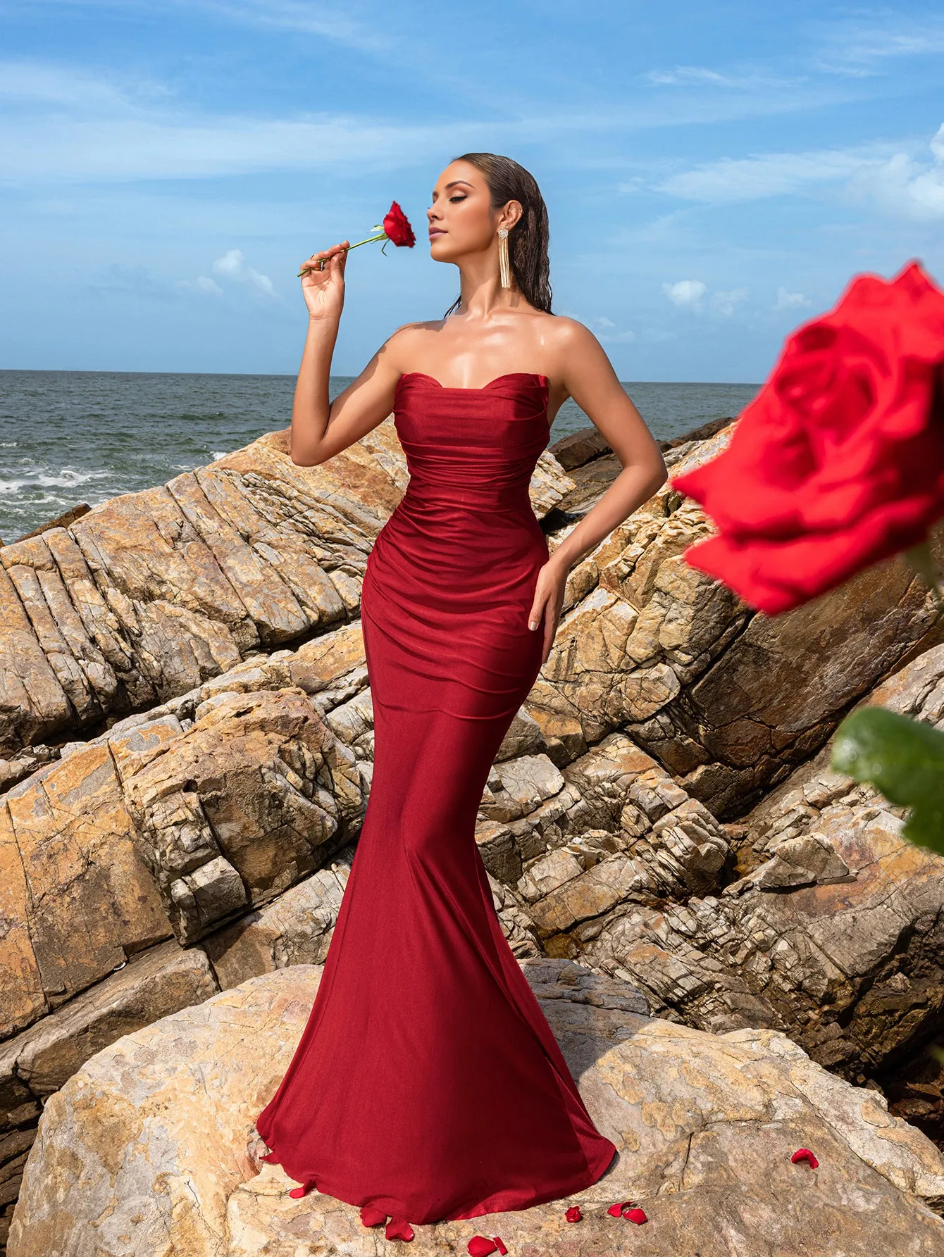 Mermaid strapless backless and floor length formal dress