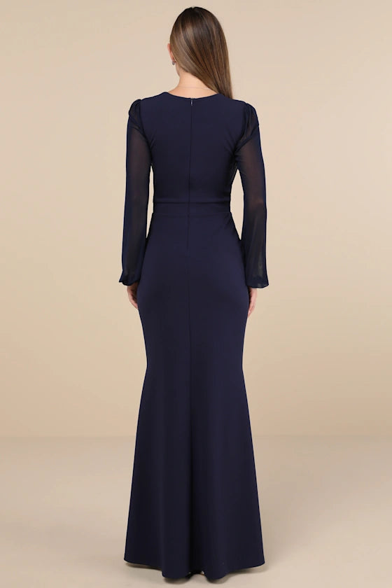 Jimiss Sweetheart collar long sleeved side slit and floor length evening dress