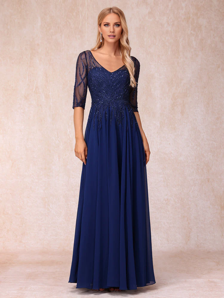 Navy Blue Beaded V-Neck Chiffon A-Line Floor-Length Evening Dress