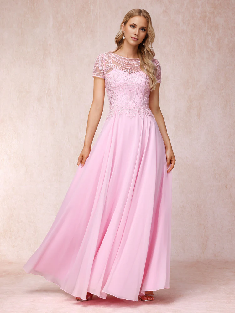 Pink Chiffon A-Line Bridesmaid Dress with Illusion Lace Bodice