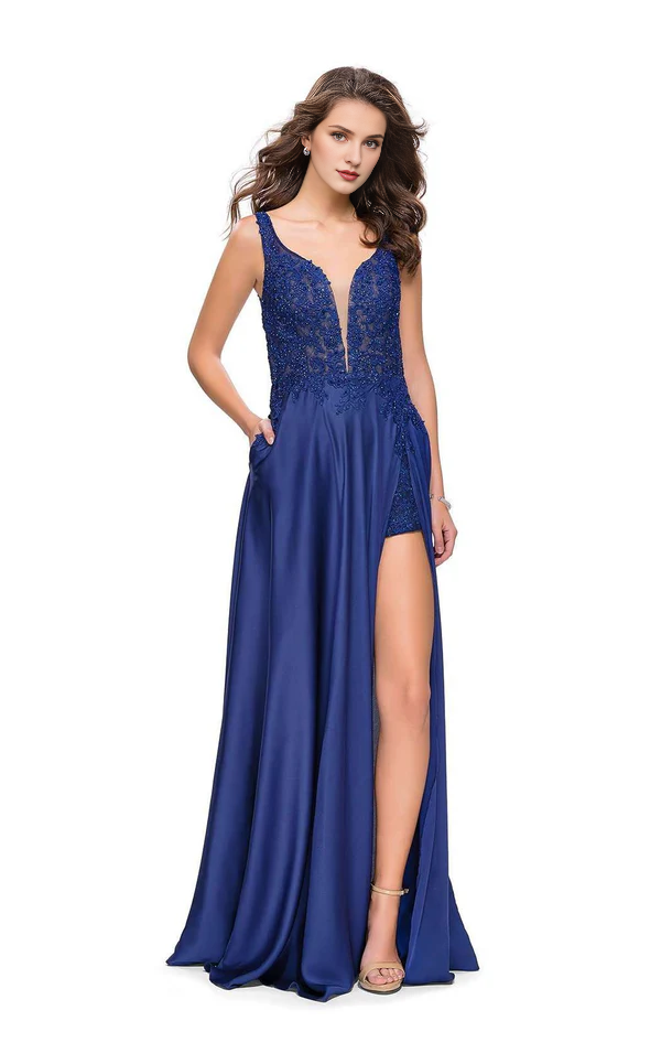 Royal Blue Satin Lace A-Line Floor-Length Dress with V-Neck and V-Back