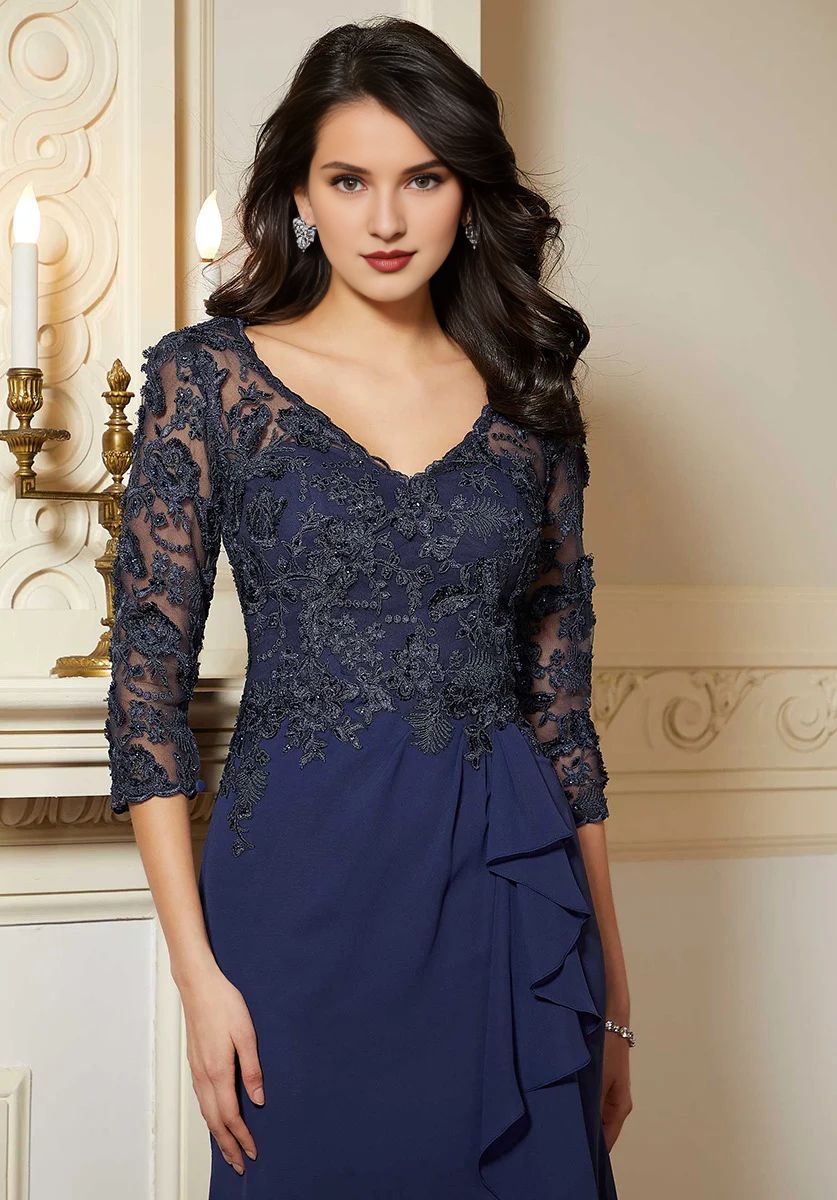 Dark Navy Embroidered Lace & Chiffon V-Neck A-Line Floor-Length Evening Dress